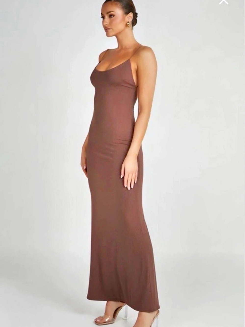 MESHKI Open Back Maxi Dress in Brown , NEW